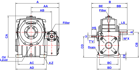 蜗轮减速机ASF100/155～155/250轴向图处形详细尺寸图